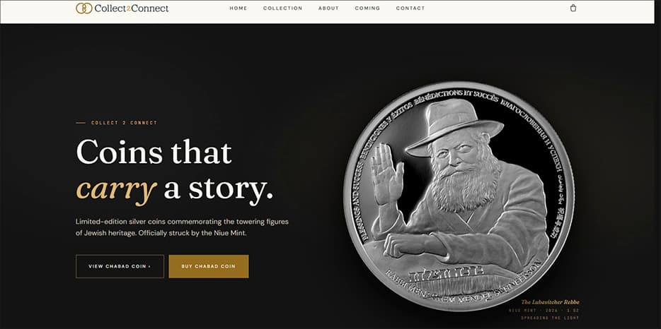 Collect 2 Connect homepage featuring the Rebbe coin